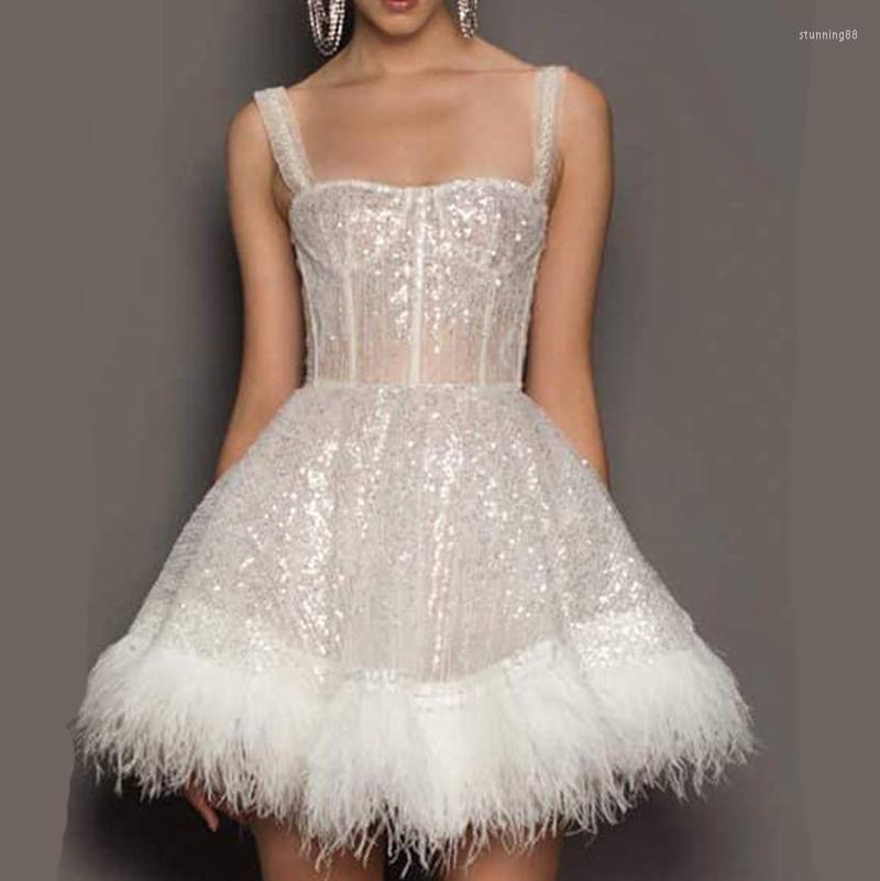 

Casual Dresses Sexy Short Skirt Ladies Backless Strap Feather Sequins Suspenders 2023 Summer Skinny Fashion Zipper Dress Sleeveless Solid, White