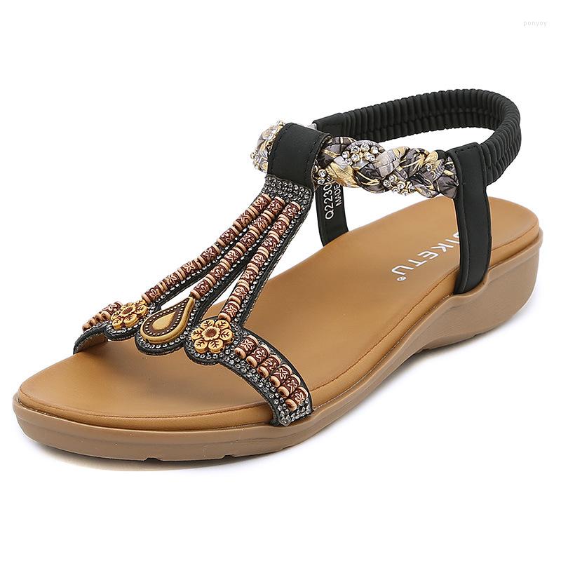 

Sandals Women Summer Bohemia Style Comfortable Women's Flat Ladies Soft Non-Slip Outdoor Beach Shoes Big Size 35-42, Black