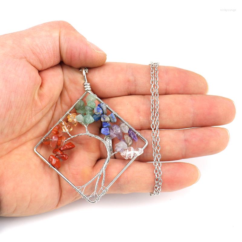 

Chains Wholesale Fashion Seven Chakra Square Bending Hand-made Natural Crystal Tree Of Life Necklace Pendant For Women Girls N08