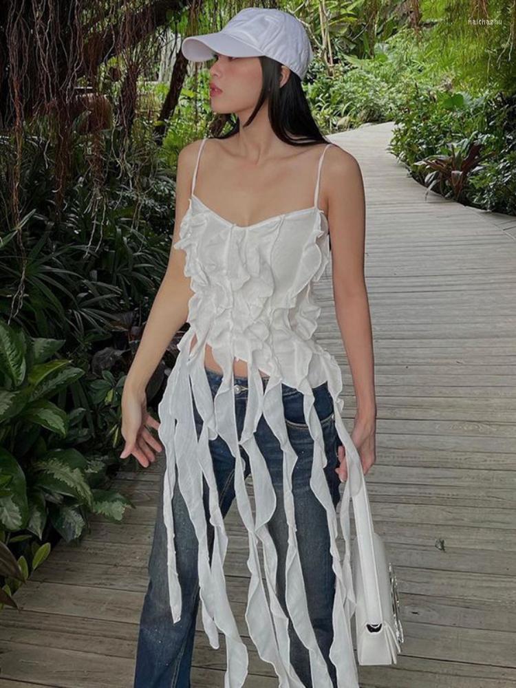 

Women's Tanks Fashion Tassel Camis White Spaghetti Strap Ruffle Slim Tops For Women Sexy Sleeveless Night Club 2023 Summer Streetwear