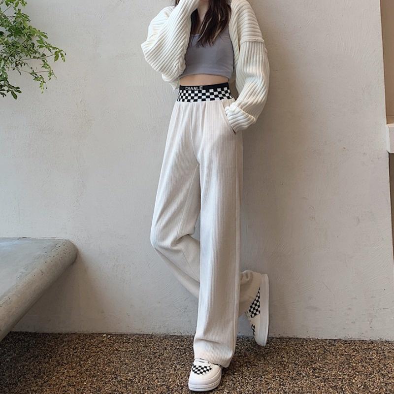 

Women's Pants & Capris Knitted High Waist Straight Girl Autumn And Winter Clothes 2023 Junior School Students Corduroy Wide Leg, Black