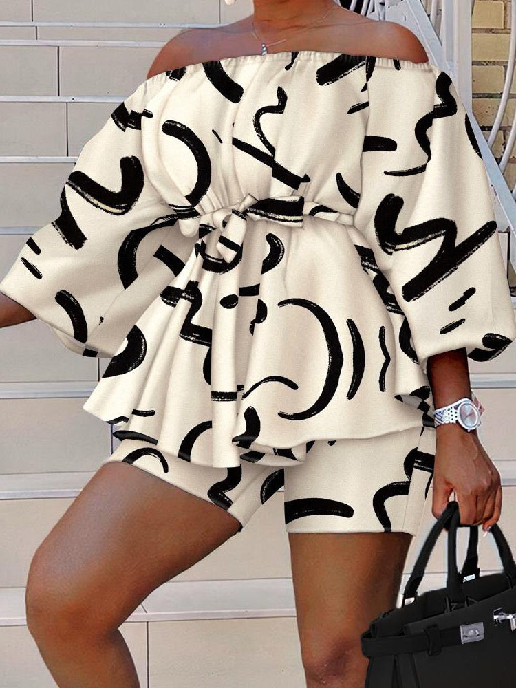 

Womens Two Piece Pants Hollow Out Women Summer Printing Suits Loungewear Slash Neck Puff Sleeve Shorts Outfit Sportswear Loose Matching Set Streetwear 230316, 04 print