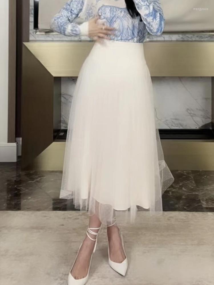 

Skirts Designer Retro Wavy Dot High-waisted Gauze Half Skirt Women' Spring Fashion Everything Loose Big Swing A-line Pompous, Beige