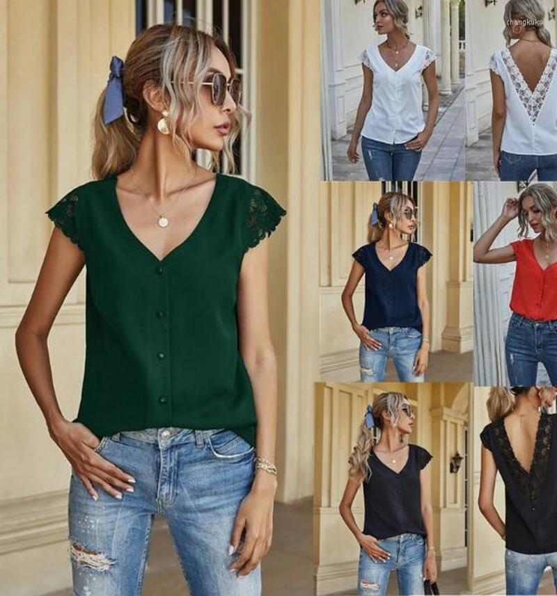 

Women's T Shirts Loose T-shirts Women Jumpers Short Sleeve Casual Tops Woman Pullovers Female V-neck Cloth Summer Chiffon Sexy Lace Blouse, White