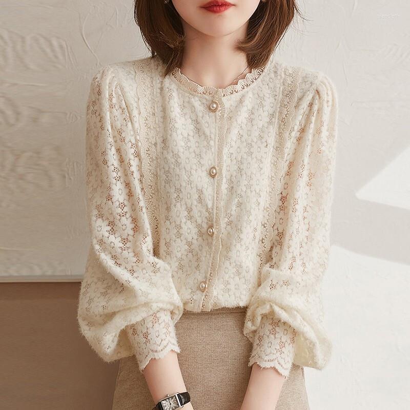 

Women' Blouses Spring Autumn Women Casual Style Lace Stand Collar Long Sleeve Blusas Mujer De Moda 2023 Shirts For, Beige
