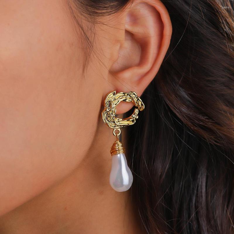 

Dangle Earrings Antiquity Women Exaggerated Shaped Metal Earhook Retro Baroque Pearl