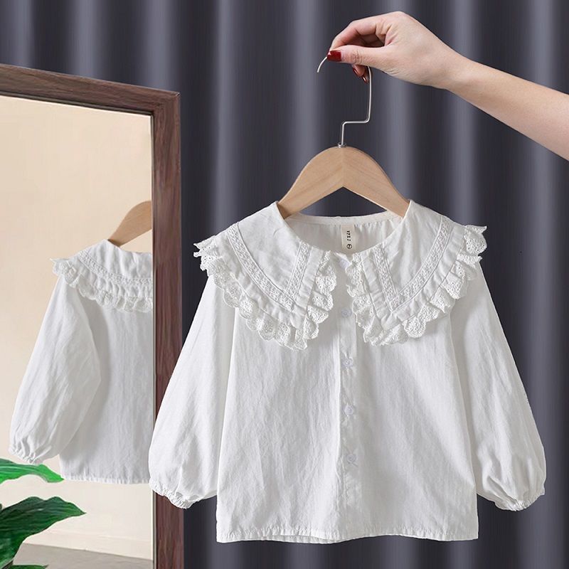 

Kids Shirts Spring 100% Cotton Lace Top White Blouse Summer Shirt Korean Baby Long Sleeve Tops Boys Shirts School Girls Blouses Camisas 230317, White1daling