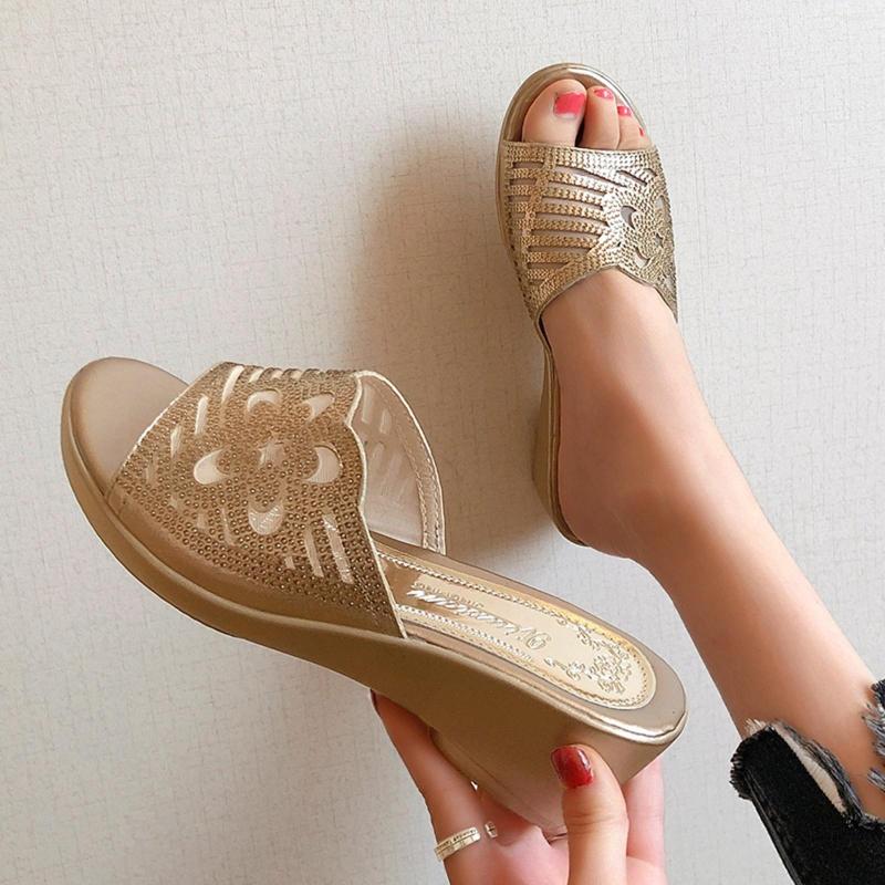 

Sandals Women's Summer Slippers Fashion Rhinestone Peep Toe Thick Heel Wedges Pumps Casual Beach Flip Flops Shoes #, Bk