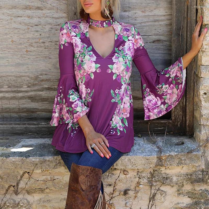 

Casual Dresses Autumn Women Flower Print Loose Mini Dress Office Ladies V-Neck Flare Long Sleeve Vestido 2023, Purple
