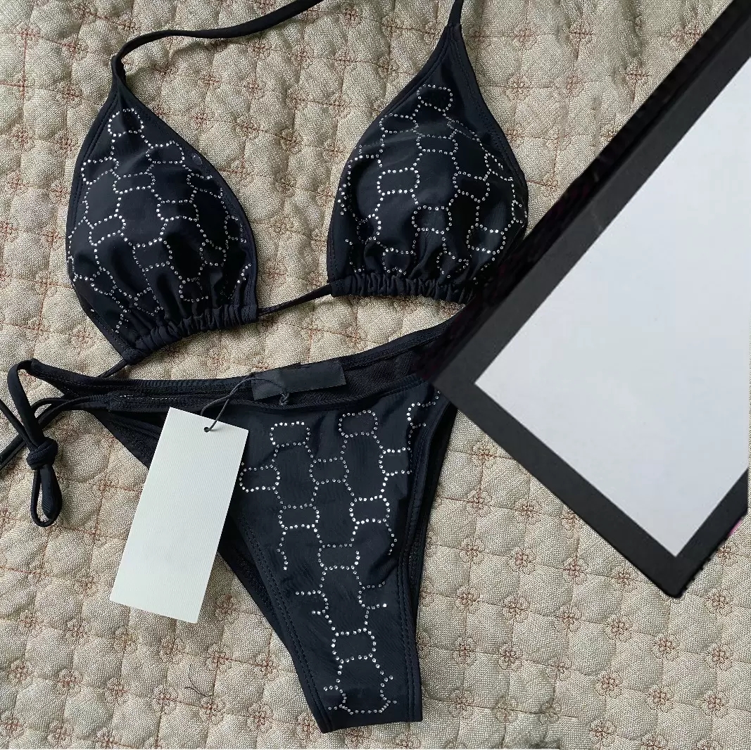 

Designer Bikinis Woman Two-Piece Bikini With Letter Swimsuits Crystal Summer Swimwear Beach Luxury Bathing Suits Three-point Swimsuit, Black