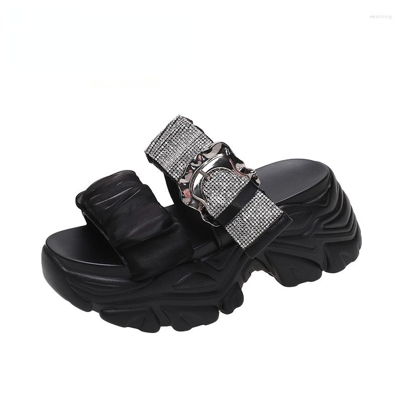 

Slippers Women's Summer Casual High Platform Flip-Flops Crystal 7.5CM Wedge Slides Bling Chunky Sandals Open Toed Beach, Beige