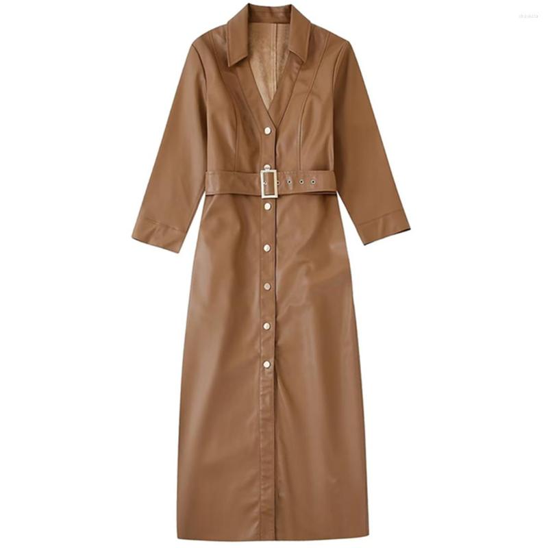 

Casual Dresses Jenny&Dave French Office Lady Sashes Fashion Brown Color Leather Midi Dress Women, Chocolate