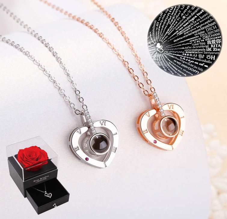 

100 Languages I Love You Heart Memories Pendant Clavicle Necklace Chain with Meaning in Rose Gift Box for Women Girls9768966