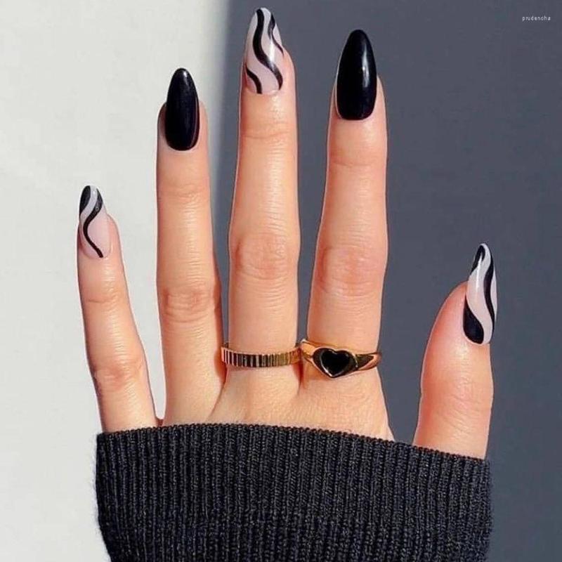 

False Nails 2023 Est 24pcs/Box Detachable Almond Wearable French Stiletto Fake Full Cover Nail Tips Press On, 01