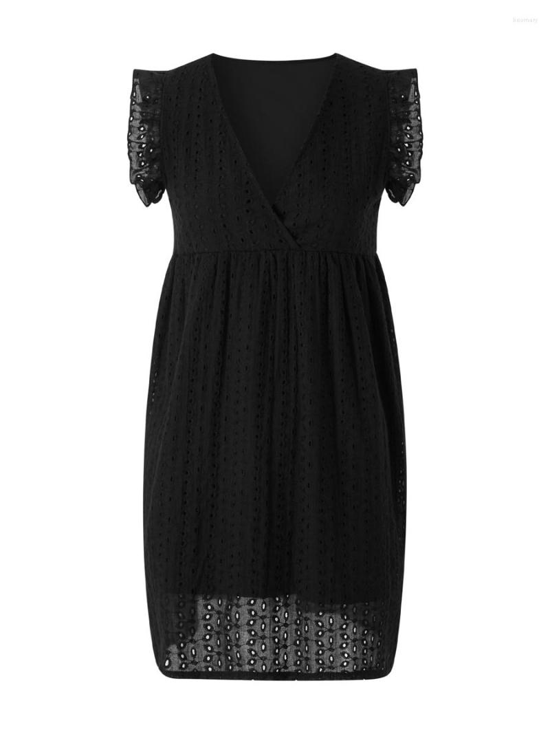 

Casual Dresses Vestido Informal Mujer Holgado Con Res Ahuecados Elegante Plisado Cuello En V Verano De Moda, Negro