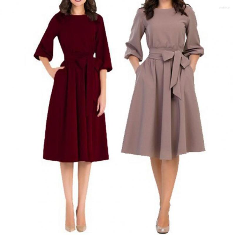 

Casual Dresses Women Dress O Neck Wide Application Polyester Swing Short For Daily Wear, Khaki