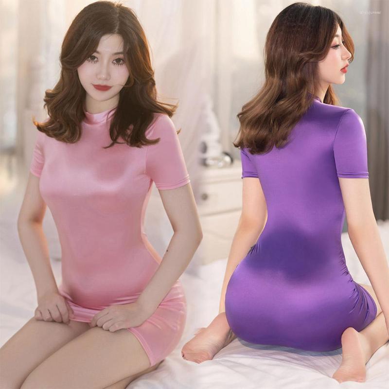 

Party Dresses Sexy Summer Mini Dress Women' Solid Smooth Tight Female Glossy Short Sleeve Bodycon Nightwear White, Black
