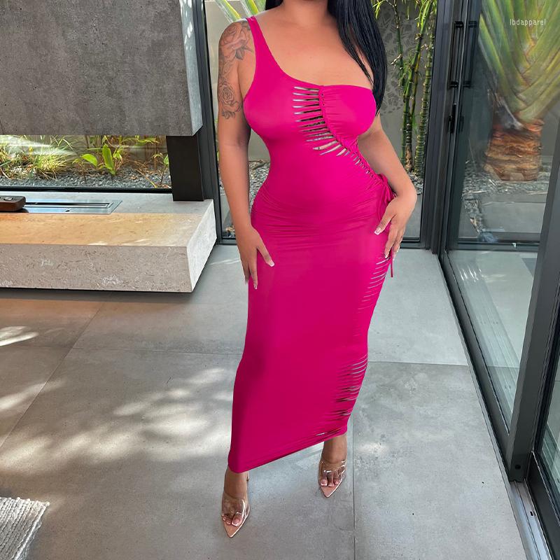 

Casual Dresses Sexy Ladies Hollow Out Long Dress Club Party Outfits One Shoulder Sleeveless Backless Asymmetric Side Tie Fashion Chic, Rose red