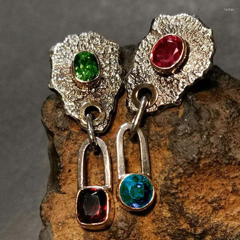 

Dangle Earrings Asymmetrical Large Leaf Metal Stone Ancient Lock Shaped Red Green Blue Crystal Drop Gift For Women