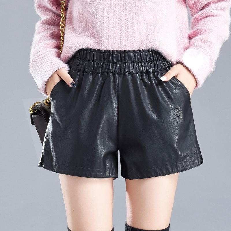

Women's Shorts 2023 Fall Winter Women Stretchy High Waisted Wide Leg Black Pu Leather Woman Clothes 4xl Female Korean Style