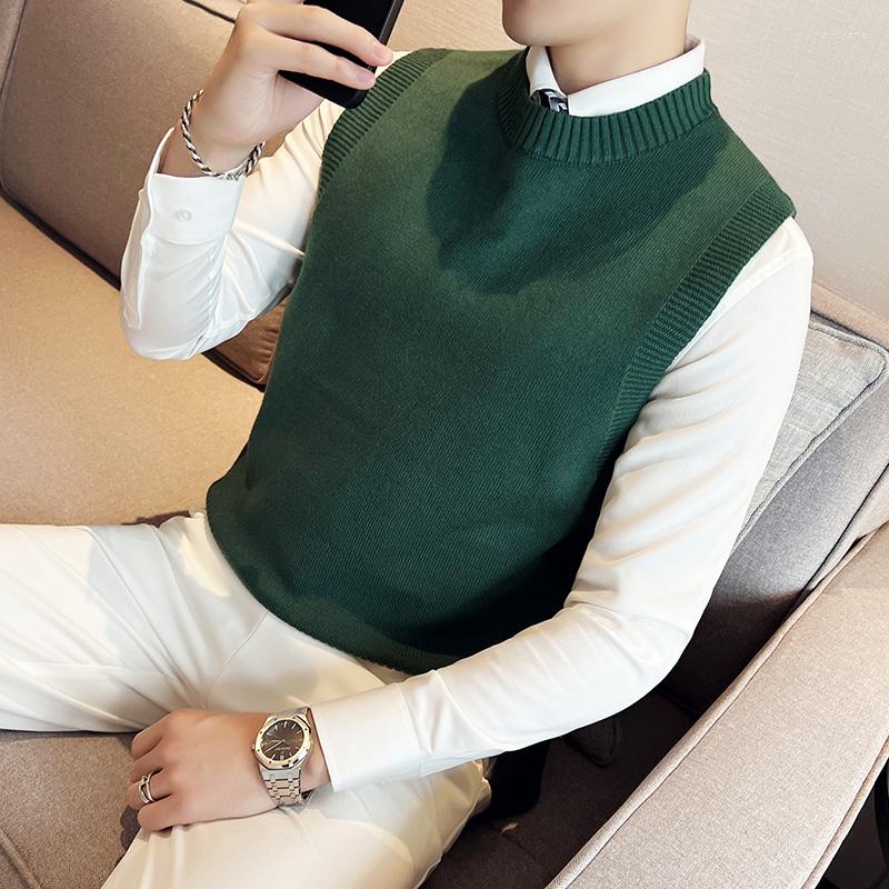 

Men's Vests 2023 Men Sweater Vest Korean Round Neck Business Casual Fitted Version Green Light Grey Sleeveless Knitted Top Male Brand, Army green