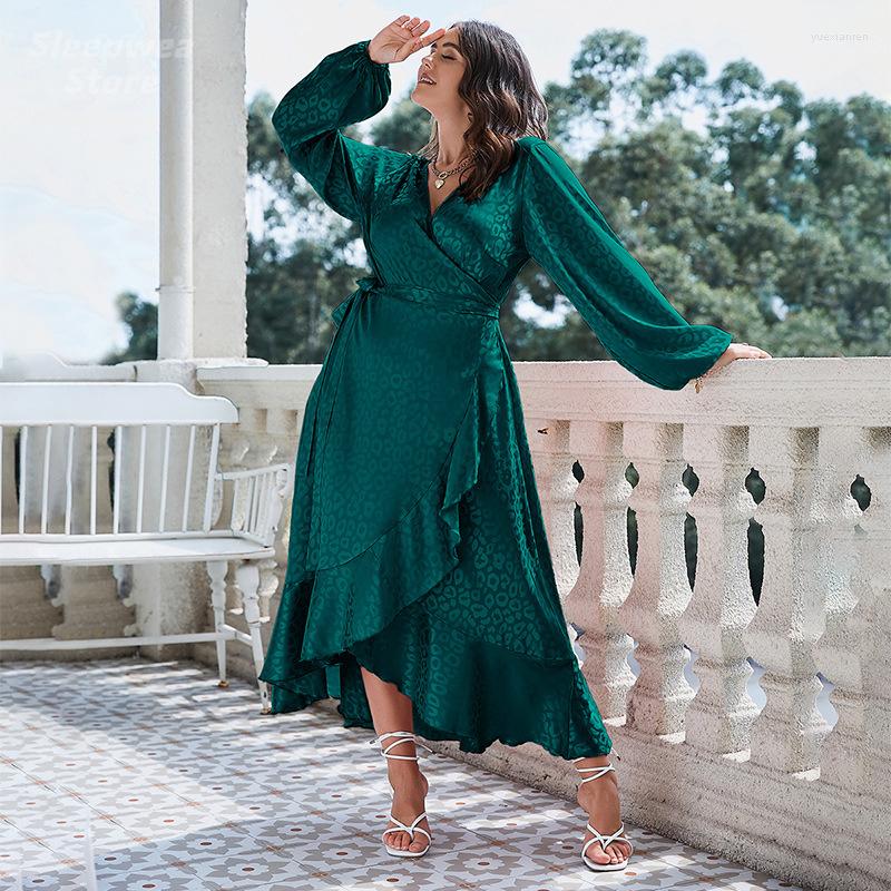 

Casual Dresses Women Long Sleeve V-Neck Split Oversize Dress Simplee Plus Autumn Elegant Belt Dots 4Xl Polka Irregular Skirt, Blue