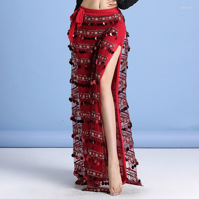 

Stage Wear Shinny Long Skirt Sequins Wrap Mesh Base Women Belly Dance Belts Hip Scarf Side Opening Class Clothes Girls Bellydance, Black
