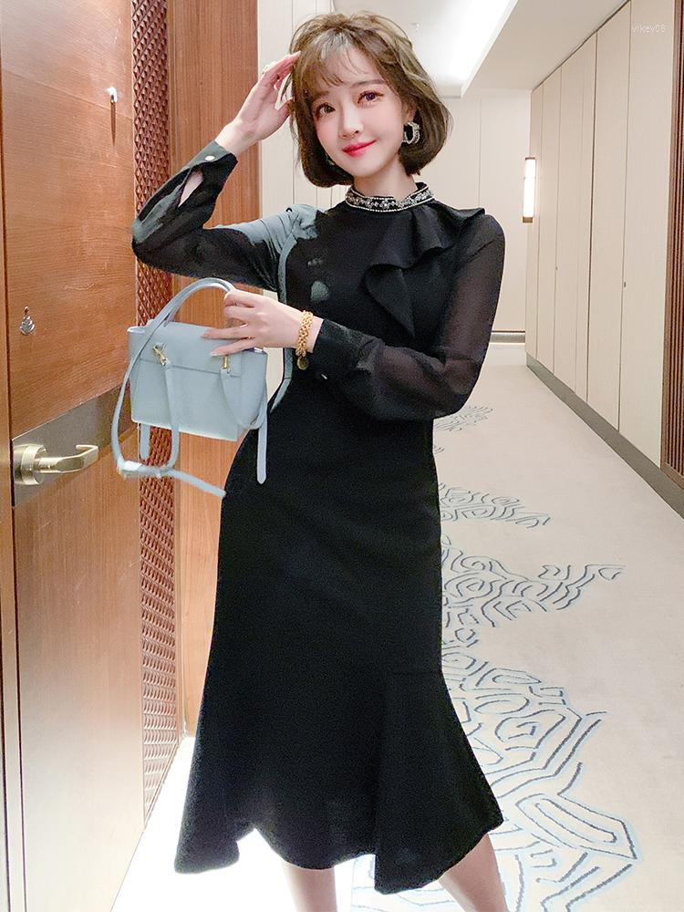 

Casual Dresses Pin Bead Lace Stand Collar High Waist Slim Fishtail Dress 2023 Spring Quality Top, Black