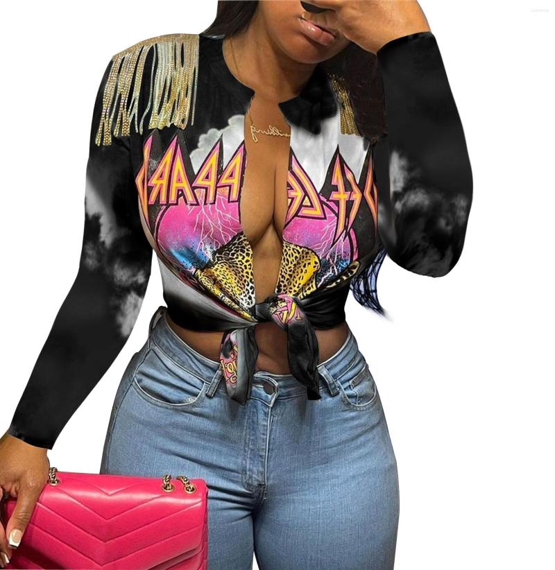 

Women's T Shirts POFGD 2023 Ladies Spring And Summer Sexy Girl Style Fashion Top Long Sleeve Deep V Printed Short Lady, Gray blue