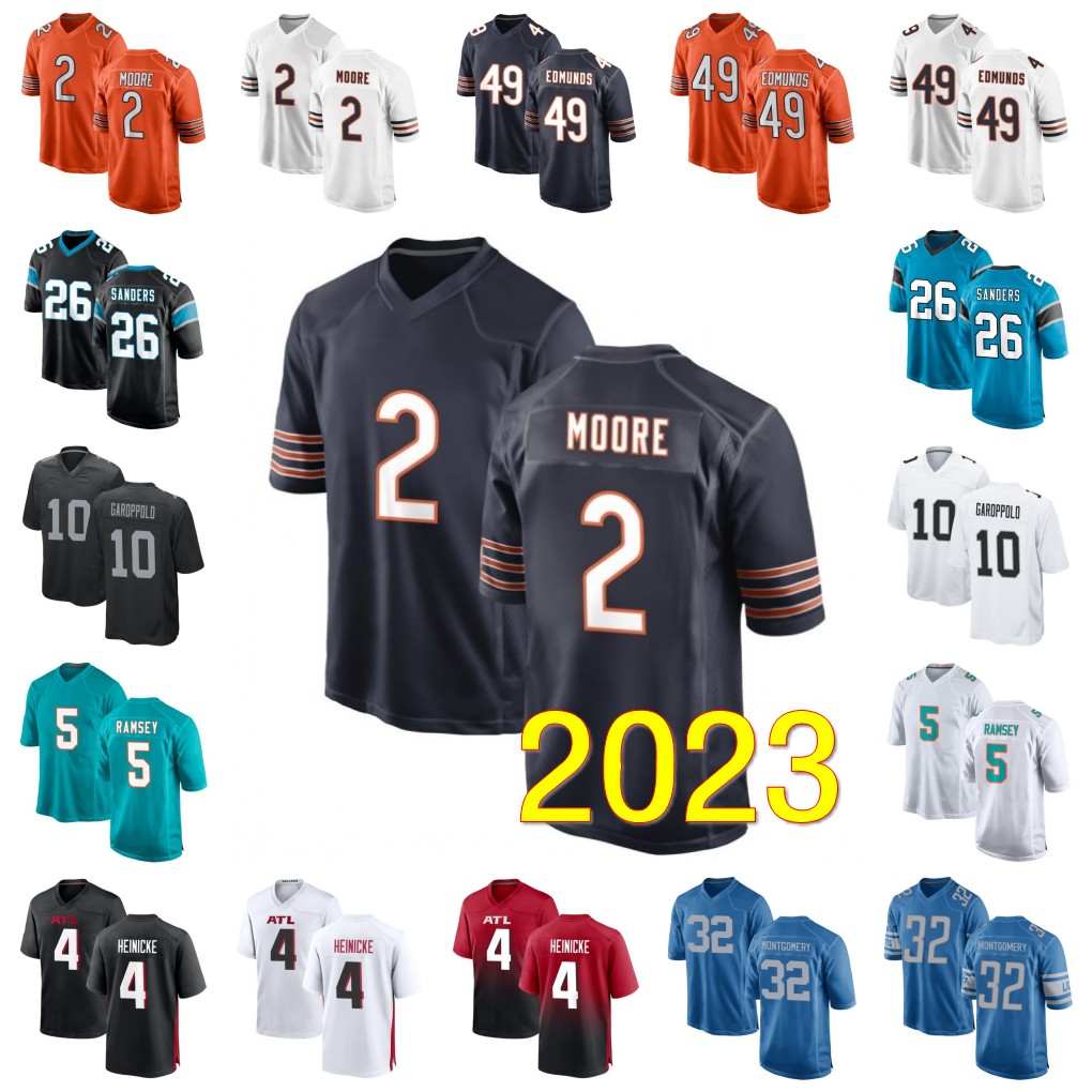 

2 DJ Moore Football Jersey 5 Jalen Ramsey 4 Taylor Heinicke 26 Miles Sanders 49 Tremaine Edmunds 32 David Montgomery 10 Jimmy Garoppolo Men Women Youth