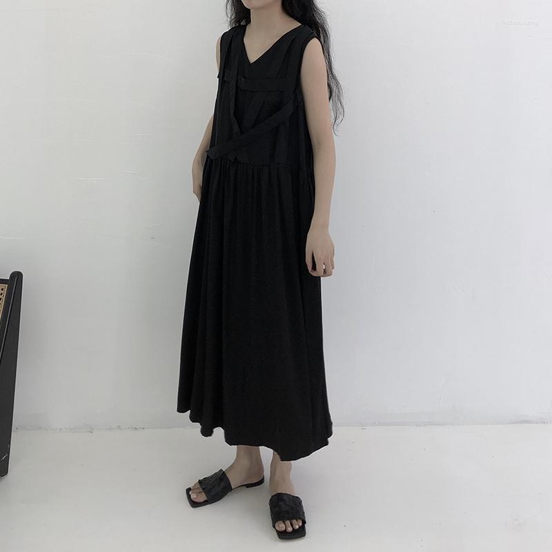 

Casual Dresses 2023 Summer Sleeveless Dress Women' V-Neck Thin Waist Skirt Black Suspender Solid Color Simplicit