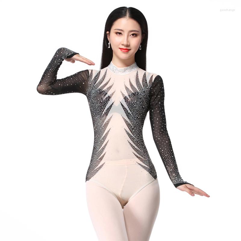 

Stage Wear 2023 Sexy Leotard Women Dance Accessories Wild Long Sleeves High Neck Tops Bottoming Shirt Belly Drilling Bodysuit, Green design 2