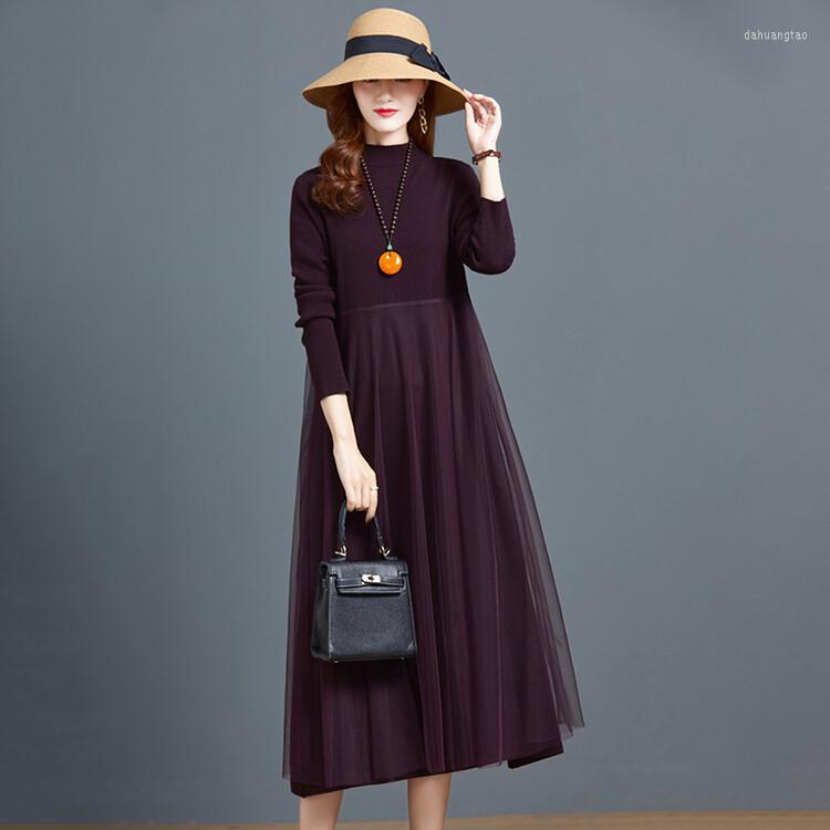 

Casual Dresses Women Knitted Long Dress 2023 Autumn Winter Sweater Net-patchwork A-line, Black
