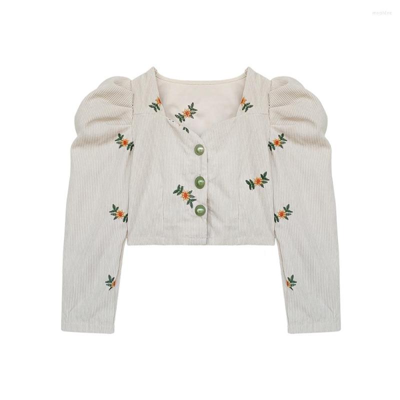 

Women' T Shirts Corduroy Women Tops Elegant Square Collar Long Puff Sleeve Short Embroidery Floral Print 2023 Spring In, Beige