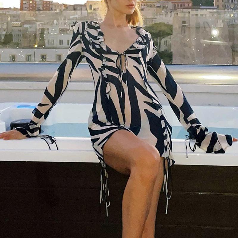 

Casual Dresses Sigutan 2023 Long Sleeve Mini Summer Beach Women Dress Ruffles Mesh Sexy Party Bodycon Bandage See Through Vestidos, Black