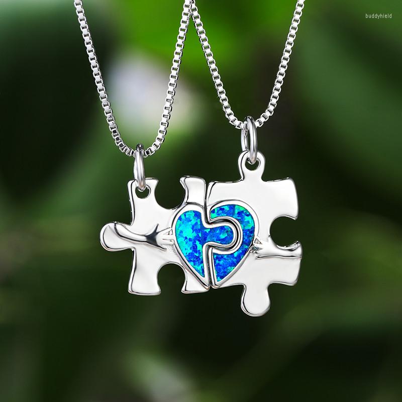 

Pendant Necklaces Blue Opal Stone Detachable Necklace Geometric Jigsaw Love Heart Vintage Silver Color Chain For Women
