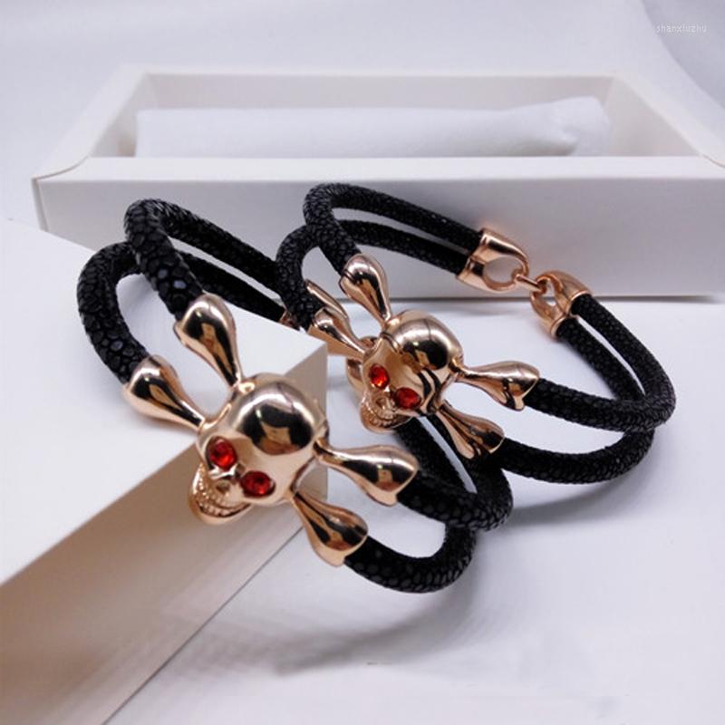 

Charm Bracelets BC Jewelry Men Rose Gold Stainless Steel Skull Bracelet High Quality 5mm Stingray Leather Black Eye Luxury Gift