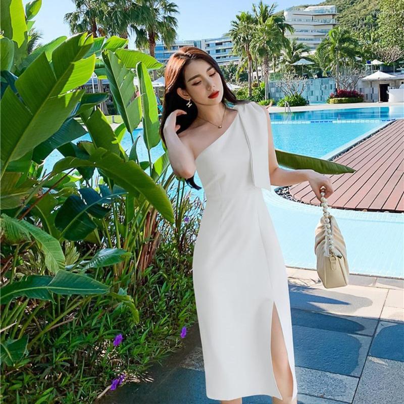 

Casual Dresses Yfashion Women Off-shoulder MAXI Dress OL Lady Slanted Shoulder Slit Midi Skirt Pullover Sleeveless Bowknot A Line Party, White