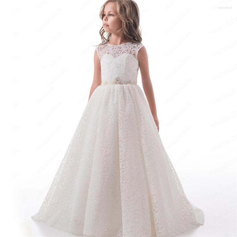 

Girl Dresses Flower Girls Sleeveless Lace Applique Tulle Fluffy Floor Length First Holy Communion Princess, All ivory