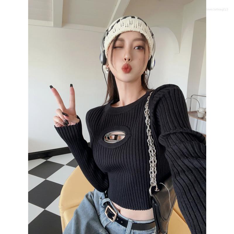 

Women's Sweaters Women's Fashion Hollow Out Thread Retract One's Waist Elastic Force Sweater White Self-cultivation Temperament, Black