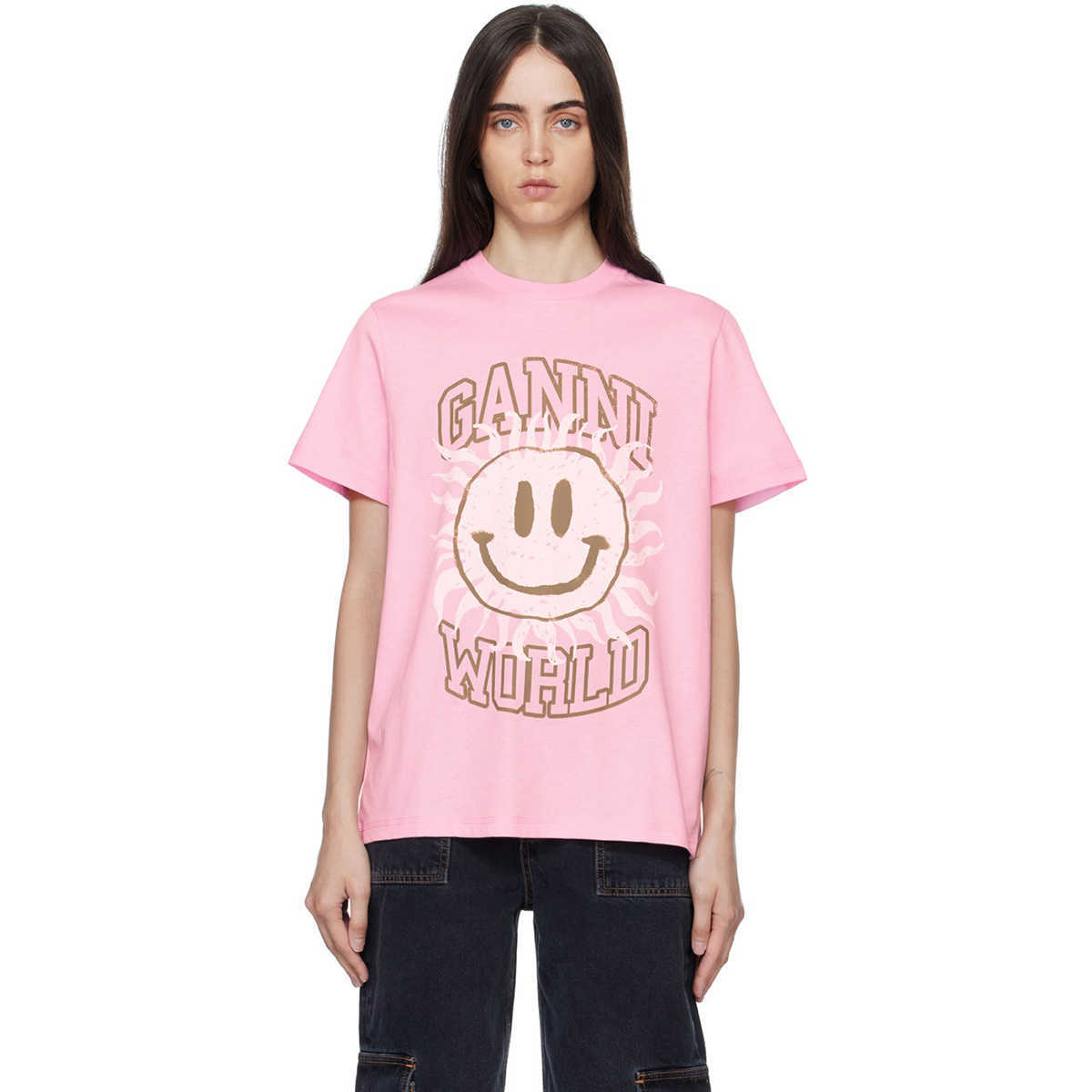 

23ss Women Designer T shirt Pink Smiling Face Printing Versatile Round Neck Casual Short-sleeved Tees Women