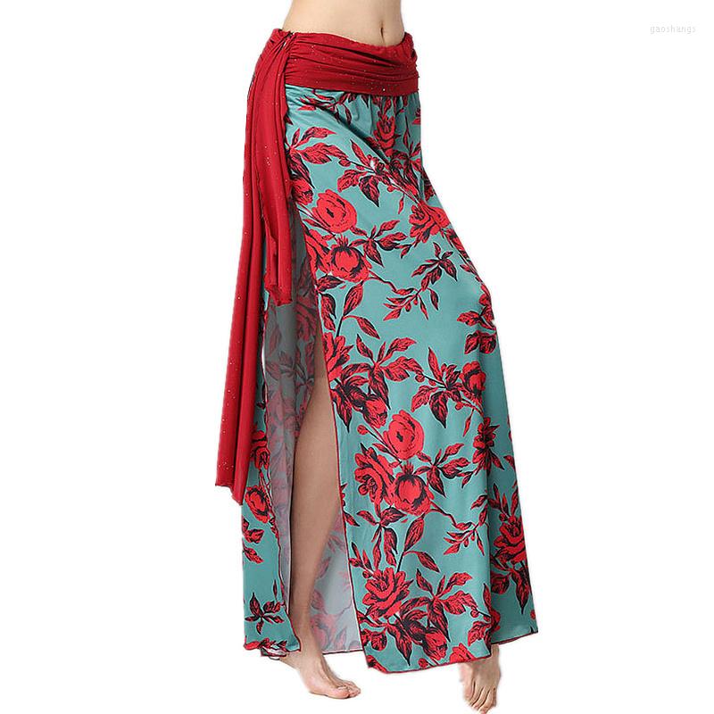 

Stage Wear Floral Print Belly Dance Clothes Elastic Waistband Side Slit Girls Bellydance Long Skirt For Training (with Under-pants), Red skirt