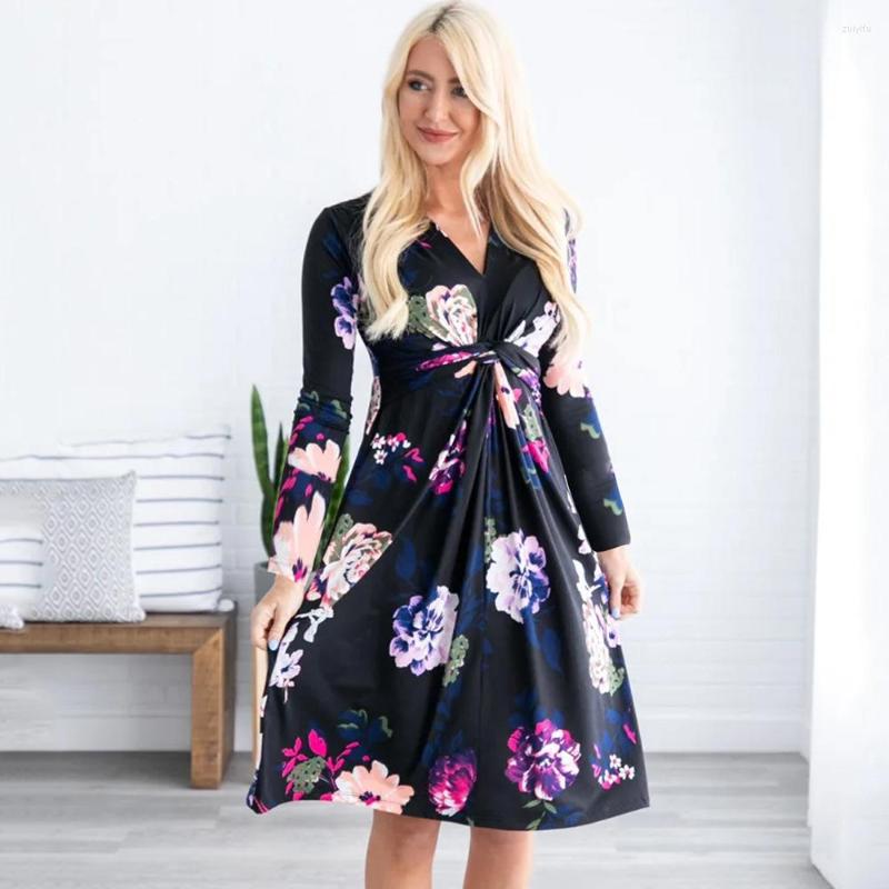 

Casual Dresses Floral Print Dress Women Autumn V Neck Long Sleeve Midi Elegant Waist Pleated Cross Kink Ladies Vestidos, Green