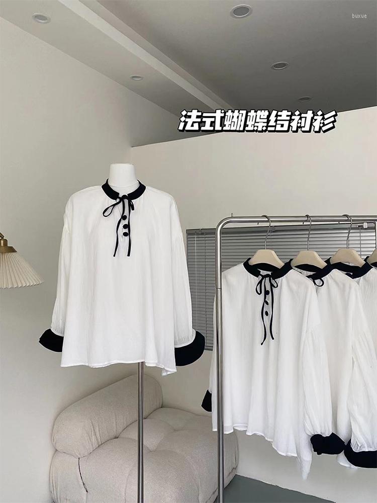

Women' Blouses French Bow Women Contrast Color Stand Neck Design Over-shirt Baggy Long Sleeve Sweet Shirt Autumn 2023 Oversize Cozy, White