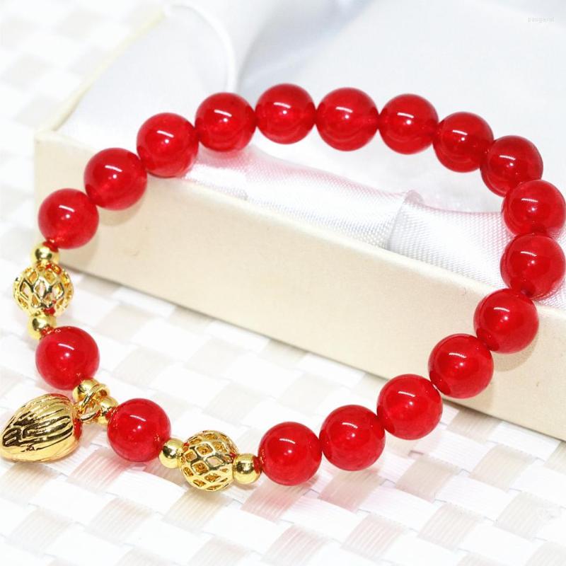 

Strand Fashion Red Stone Chalcedony Jades Bracelets 8mm Round Beads Women Gold-color Pendant Elegant Gifts Jewelry 7.5inch B2052