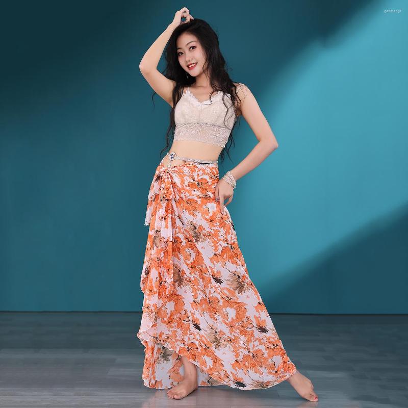 

Stage Wear Women Dance Clothes Single Layer Skirt Belly Hip Scarf Beach Cover Up Over-skirt One Piece Floral Wrap Summer, Orange
