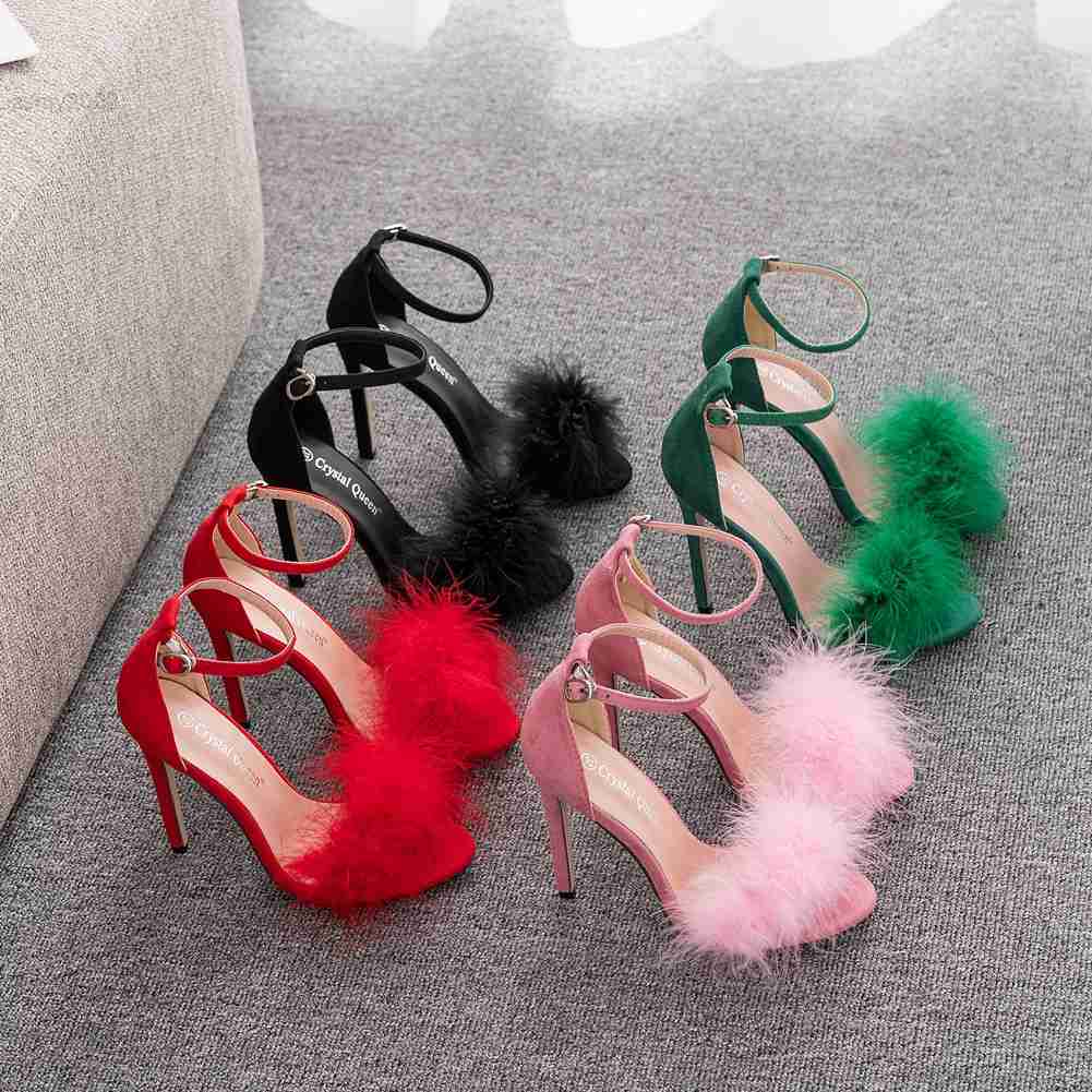 

Sandals Crystal Queen Women Summer Sandals Fluffy Peep Toe Stilettos High Heels Fur Feather Lady Wedding Shoes Large Size 42, Green