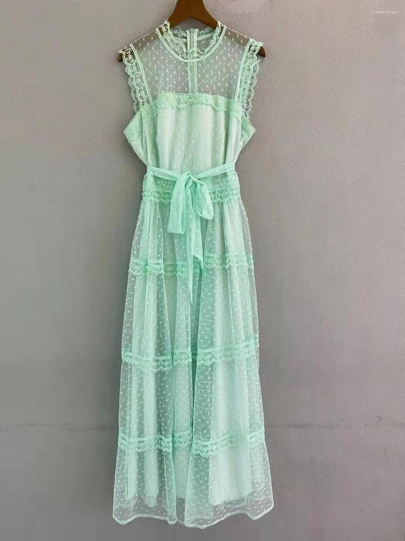 

Casual Dresses 2023 Summer Long Dress High Quality Women Polka Dot Prints Sexy Tulle Mesh Patchwork Sleeveless White Green Maxi Club