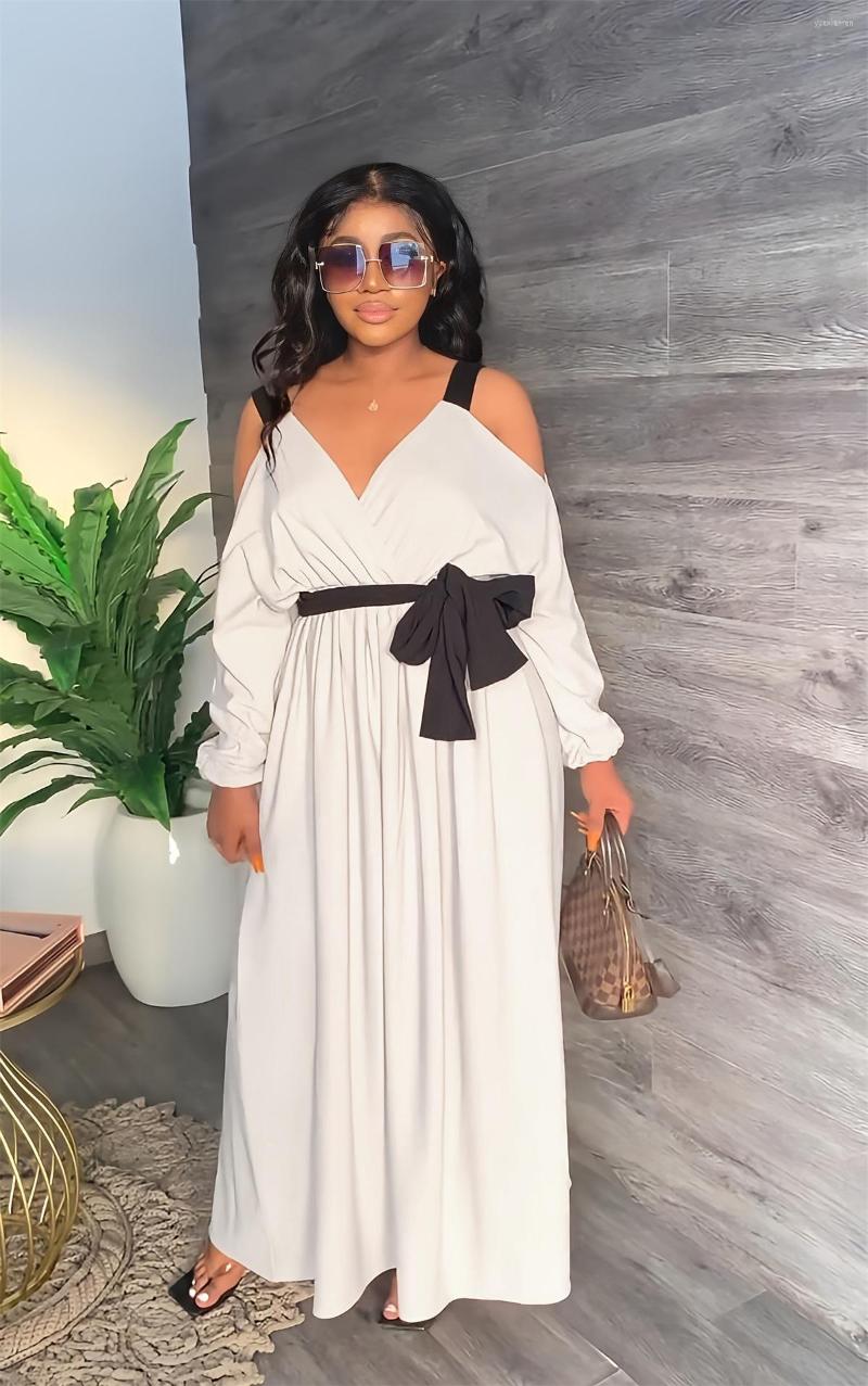 

Casual Dresses MUDAN Women' Spaghettis Trap Black Striped Side Belt Loose Long Dress INS Sleeve V Neck Vestidos De Fiesta, 9870 white