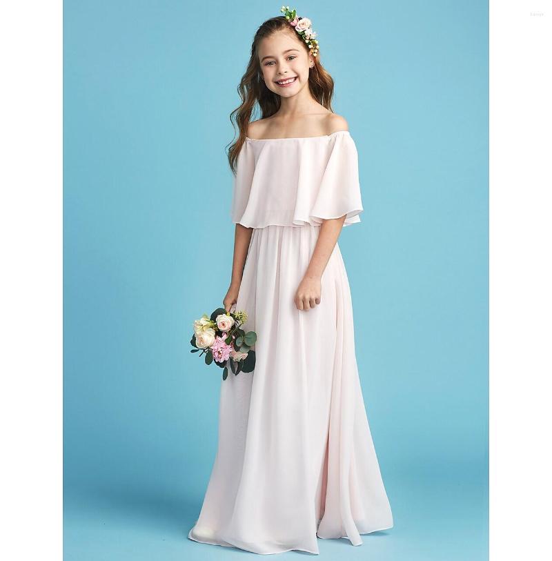 

Girl Dresses A-Line Floor Length Junior Bridesmaid Dress Party Chiffon Half Sleeve Off Shoulder With Pleats, Black